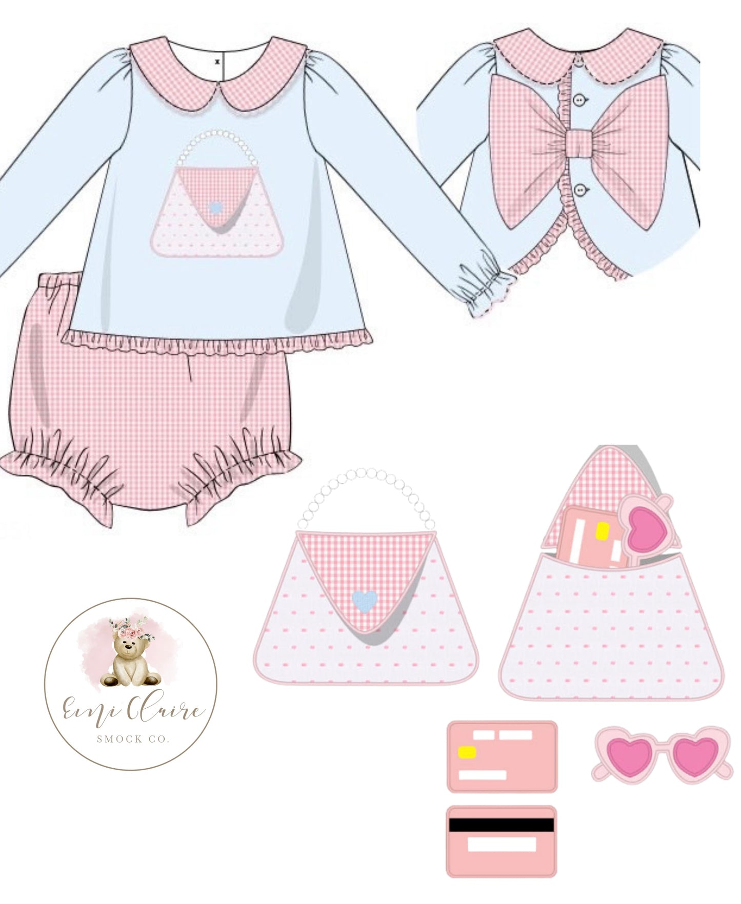PO GIRLY GIRL APPLIQUÉ PEARL PURSE BLOOMER SET - (NOT CUSTOMIZABLE, PLEASE LEAVE BOX BLANK) ETA DECEMBER TO ECSC