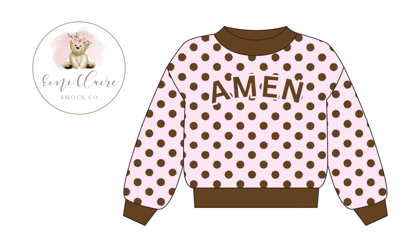 PO BROWN AND PINK POLKA DOT “AMEN” PULLOVER - ADULT (NON-CUSTOMIZABLE, PLEASE LEAVE BOX BLANK) ETA END OF NOVEMBER TO ECSC