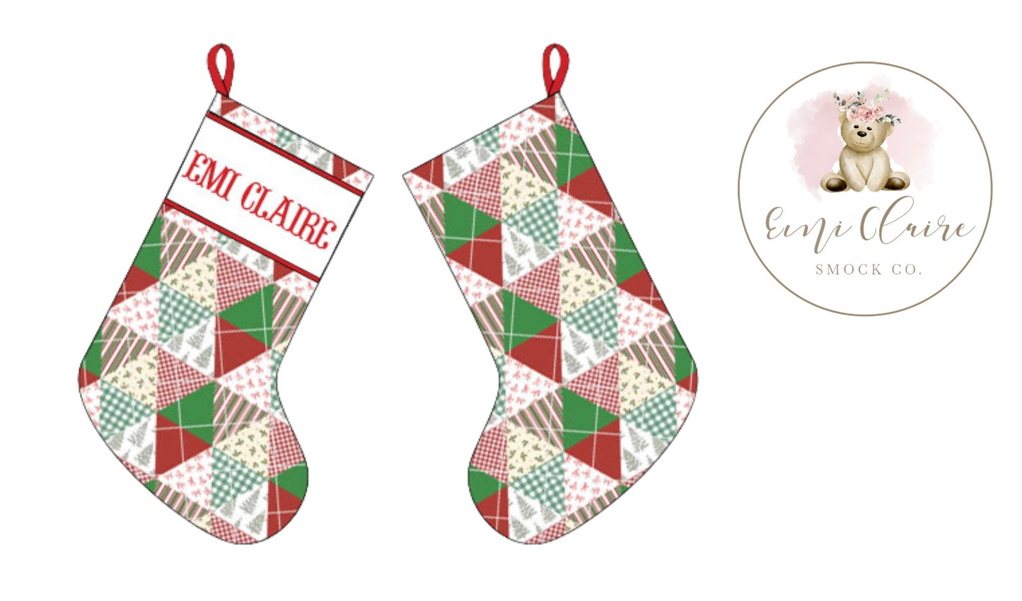 PO SMOCKED QUILTED EMI CLAIRE’S CHRISTMAS PATCHWORK STOCKING - (CUSTOMIZABLE UP TO 10 LETTERS - INCLUDING SPACES) ETA NOVEMBER TO ECSC