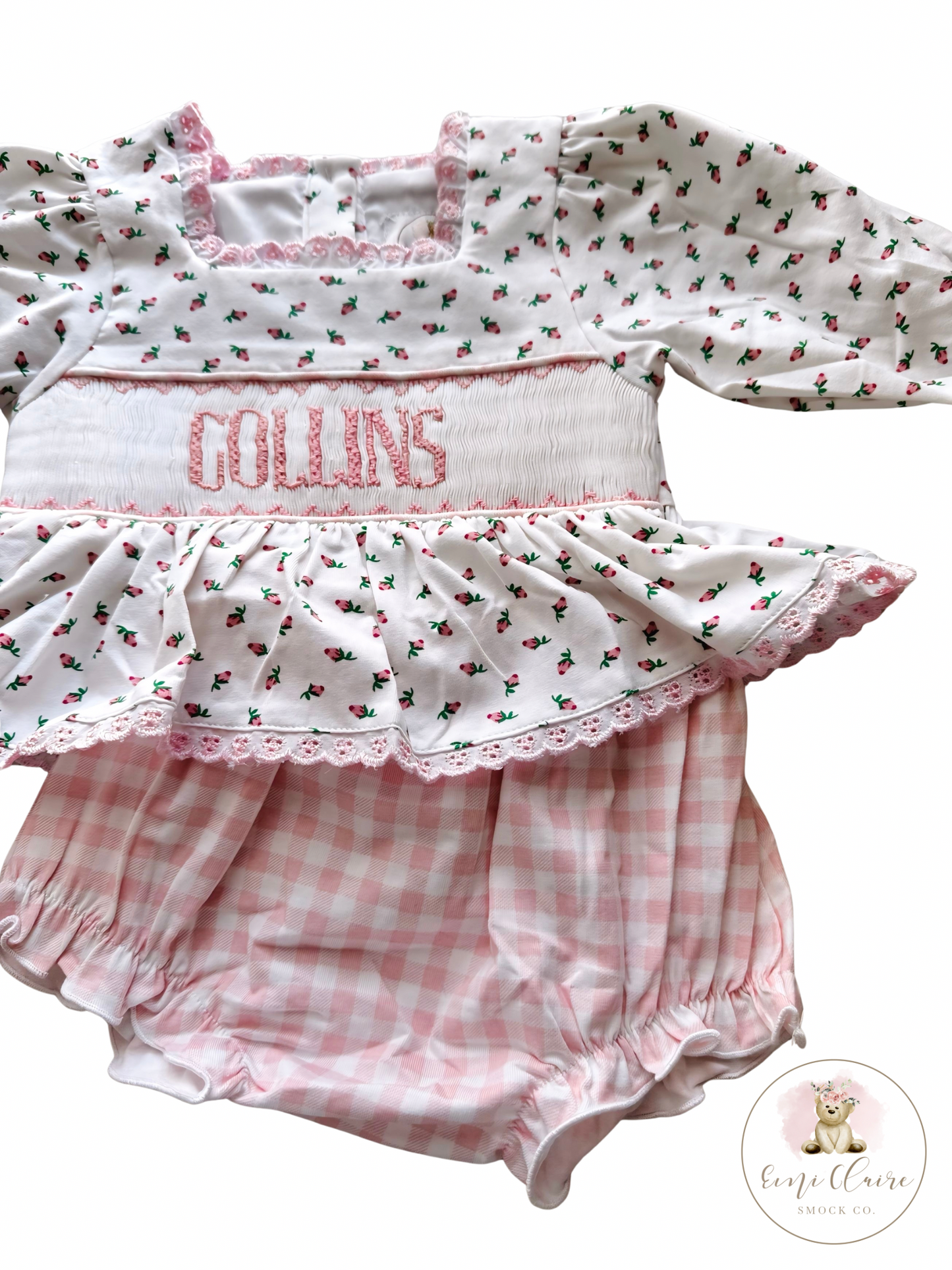 PO ROSEBUDS AND GINGHAM BLOOMER SET - (CUSTOMIZABLE UP TO 14 LETTERS INCLUDING SPACES) ETA DECEMBER TO ECSC
