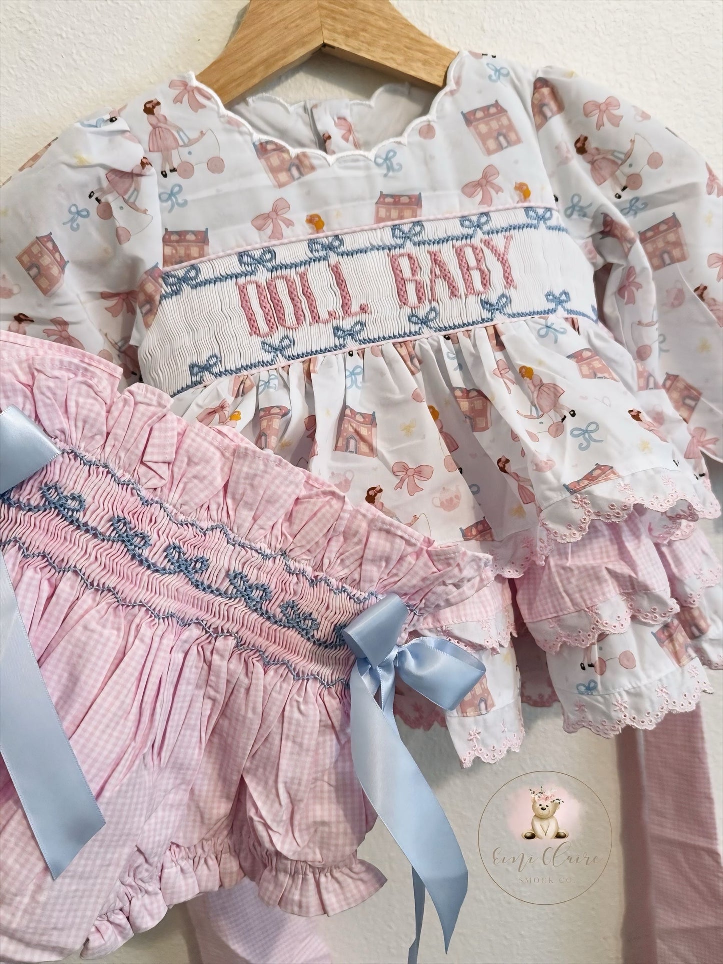 RTS SMOCKED LONG SLEEVE BUGGY BABY BLOOMER SET (NON-CUSTOMIZABLE, PLEASE LEAVE BOX BLANK) SHIPS IN 5 BUSINESS DAYS