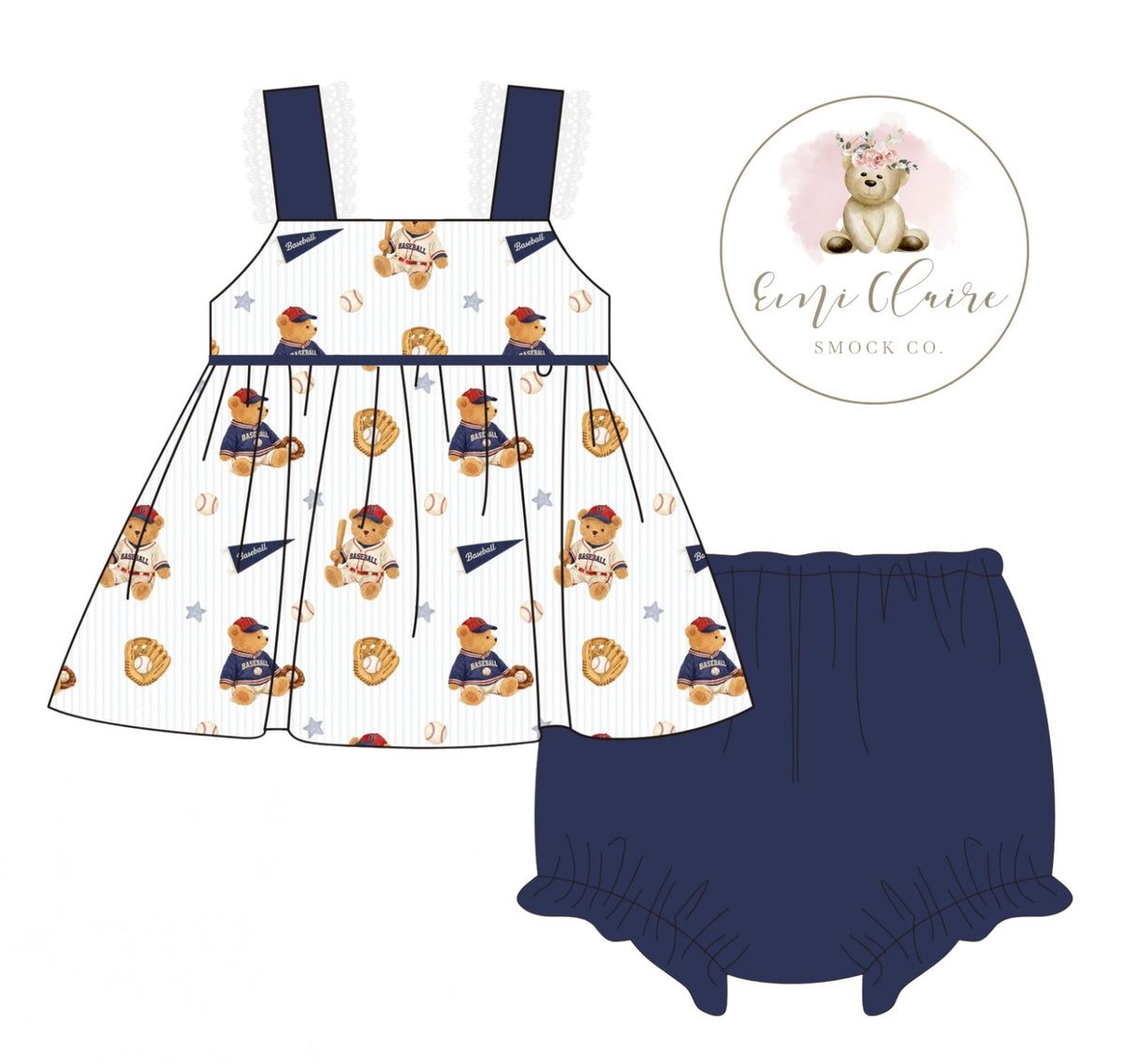 PO VINTAGE INSPIRED TEDDY BEAR BASEBALL BLOOMER SET (NON-CUSTOMIZABLE, PLEASE LEAVE BOX BLANK) ETA MARCH TO ECSC