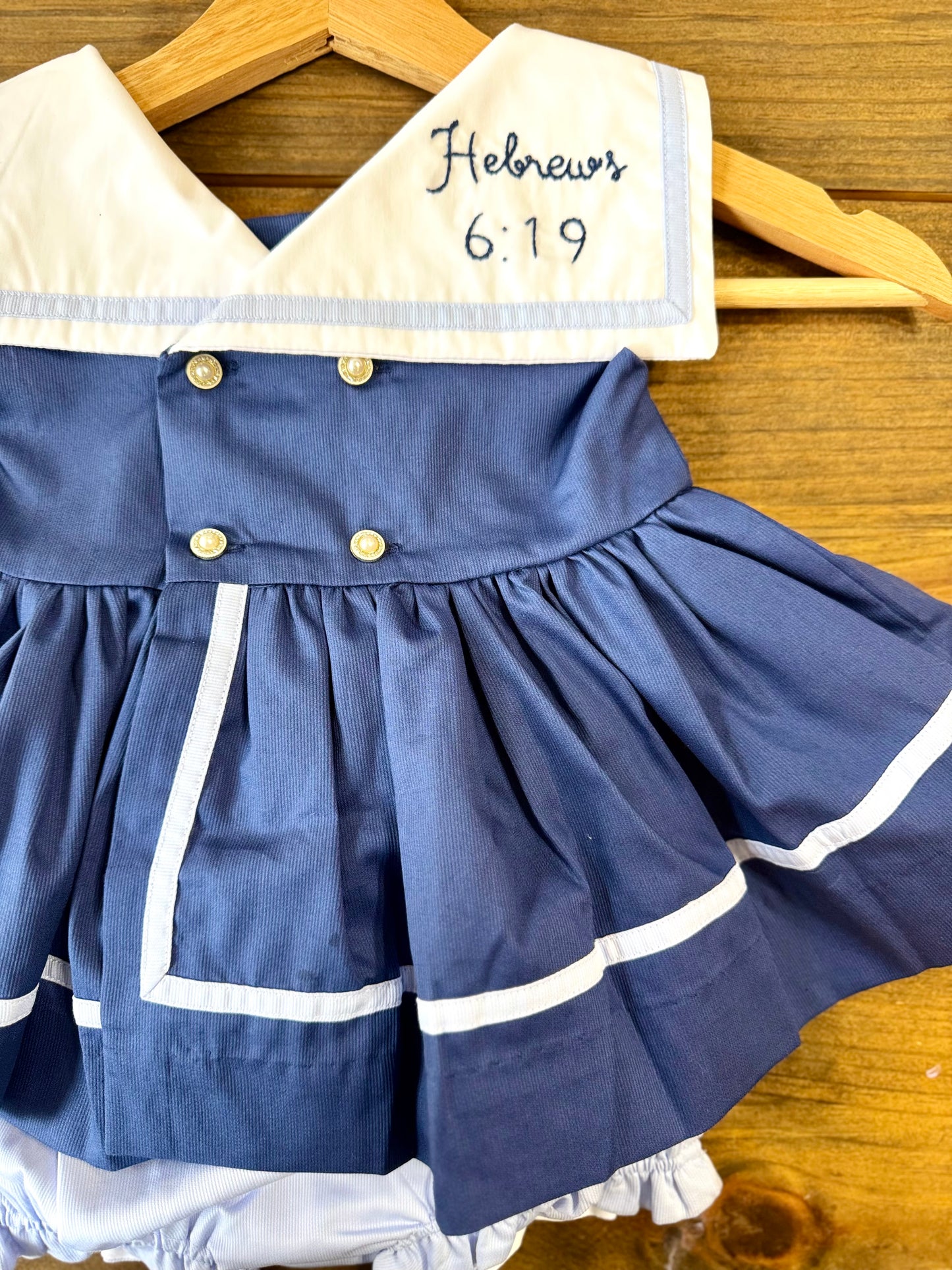 RTS HAND EMBROIDERED HEBREWS 6:19 / SAILOR BLOOMER SET (NON-CUSTOMIZABLE, PLEASE LEAVE BOX BLANK) SHIPS IN 5 BUSINESS DAYS