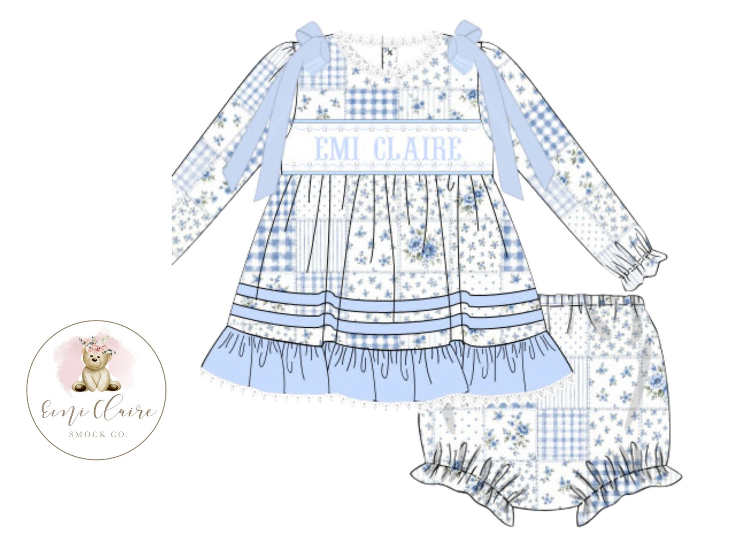 PO PATCHED IN BLUE WINTER NAME SMOCK BLOOMER SET - (CUSTOMIZABLE UP TO 14 LETTERS INCLUDING SPACES) ETA DECEMBER TO ECSC