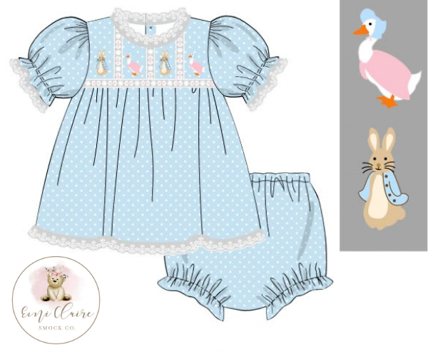 PO HAND EMBROIDERED PUDDLE DUCK AND PETER BLOOMER SET - (NOT CUSTOMIZABLE, PLEASE LEAVE BOX BLANK) ETA IS MARCH TO EMI CLAIRE SMOCK CO.