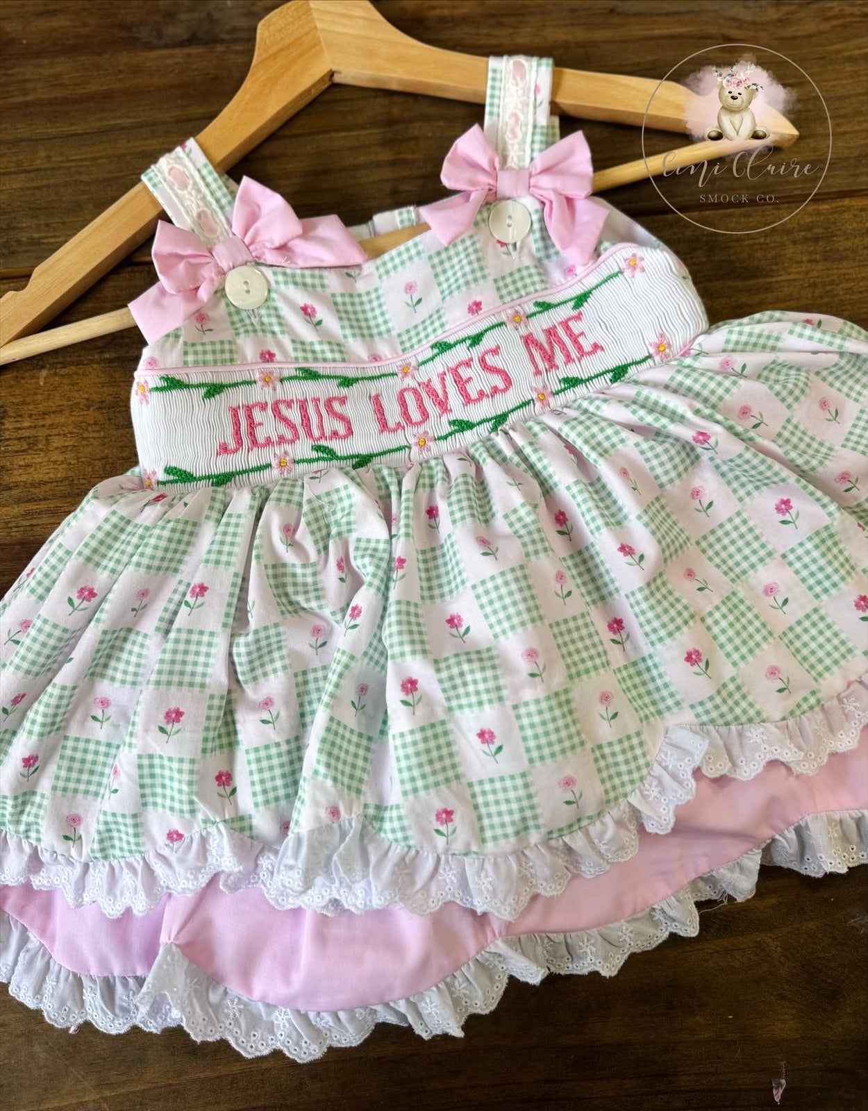 RTS SMOCKED JESUS LOVES ME SKIRTED DRESS (NON-CUSTOMIZABLE, PLEASE LEAVE BOX BLANK) SHIPS IN 5 BUSINESS DAYS