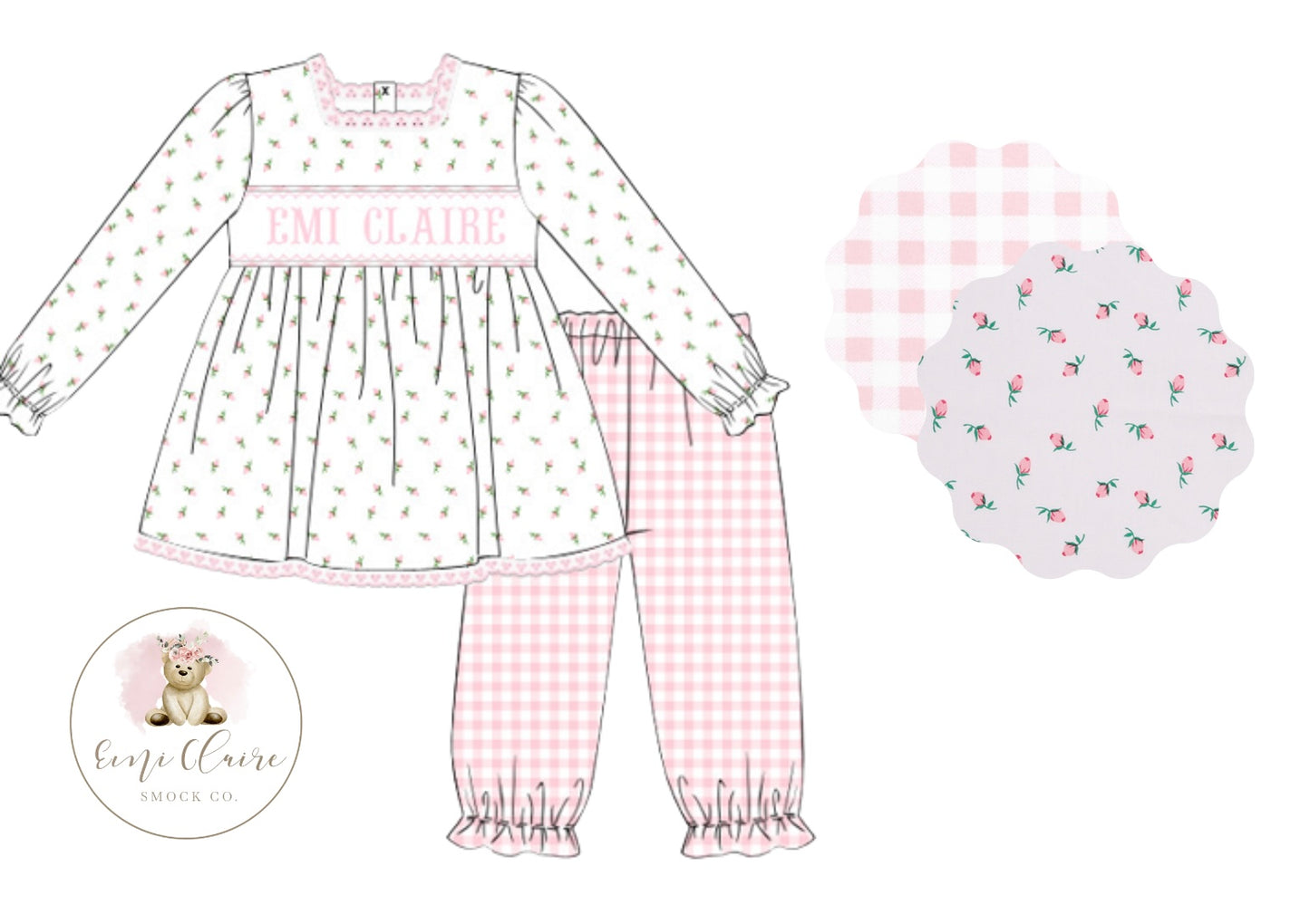 PO ROSEBUDS AND GINGHAM PANT SET - (CUSTOMIZABLE UP TO 14 LETTERS INCLUDING SPACES) ETA DECEMBER TO ECSC