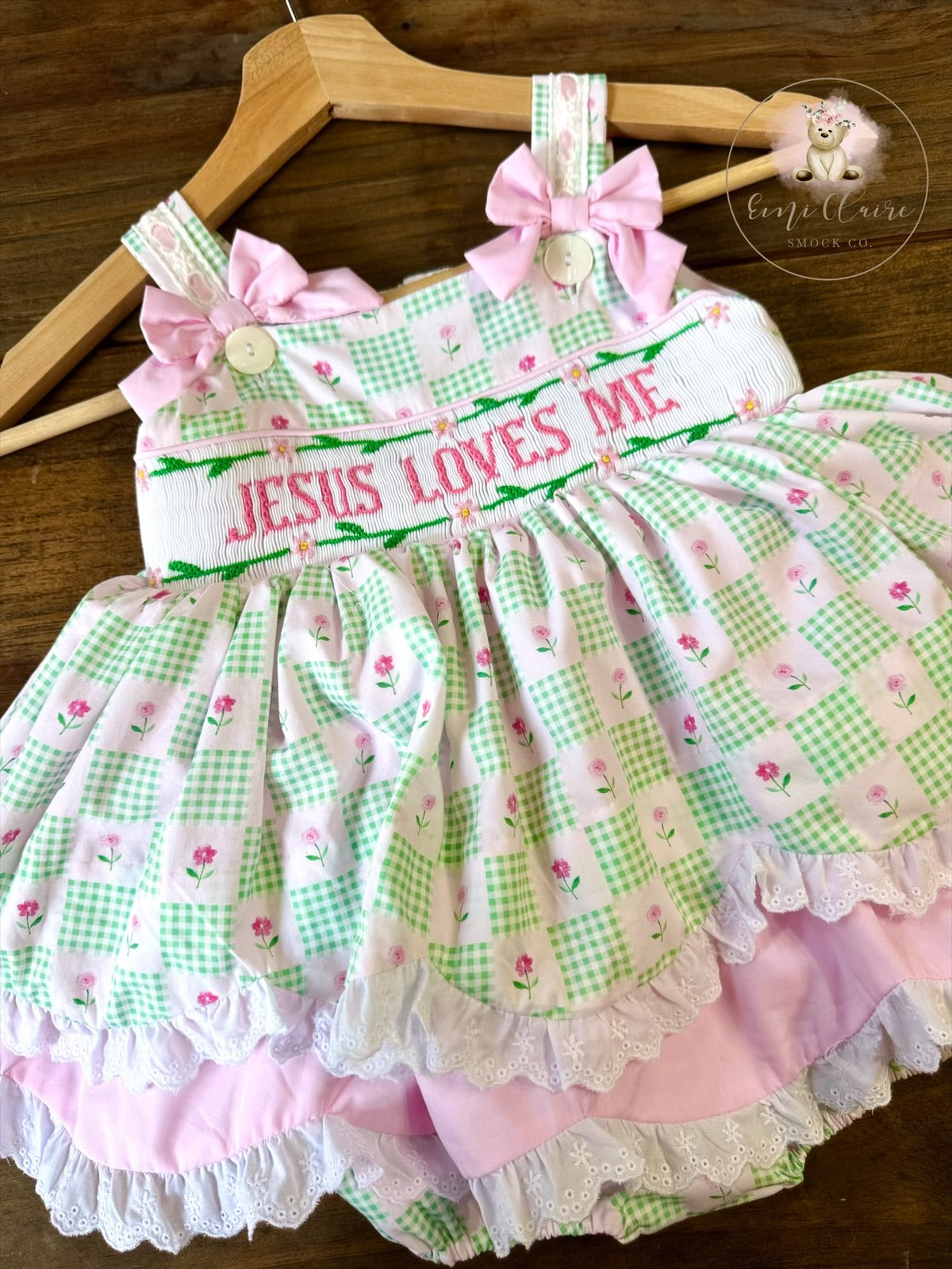 RTS SMOCKED JESUS LOVES ME SKIRTED BUBBLE (NON-CUSTOMIZABLE, PLEASE LEAVE BOX BLANK) SHIPS IN 5 BUSINESS DAYS