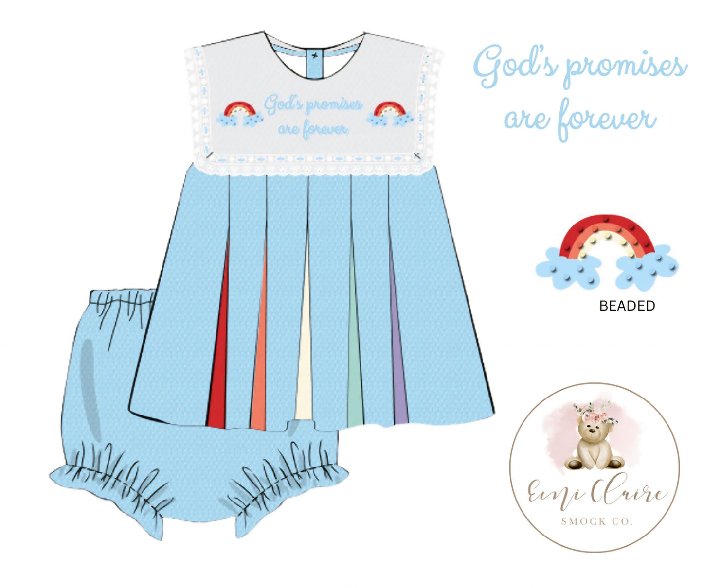 PO BEADED AND HAND EMBROIDERED GOD’S PROMISES ARE FOREVER BLOOMER SET - (NOT CUSTOMIZABLE, PLEASE LEAVE BOX BLANK) ETA END OF JANUARY TO EMI CLAIRE SMOCK CO.