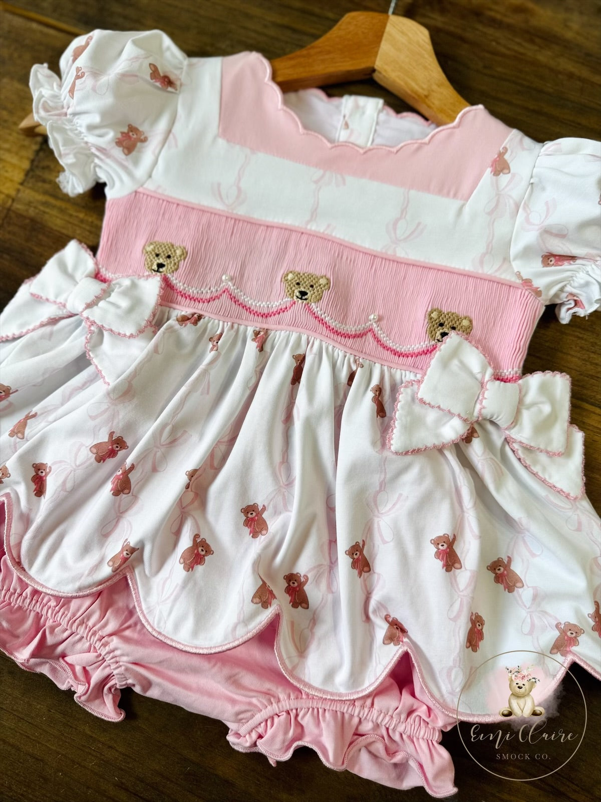 RTS SMOCKED BOWS, PEARLS AND BEARS BLOOMER SET (NON-CUSTOMIZABLE, PLEASE LEAVE BOX BLANK) SHIPS IN 5 BUSINESS DAYS