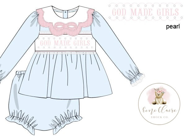 PO BOW APPLIQUÉ BIB GOD MADE GIRLS BLOOMER SET - (NOT CUSTOMIZABLE, PLEASE LEAVE BOX BLANK) ETA DECEMBER TO ECSC