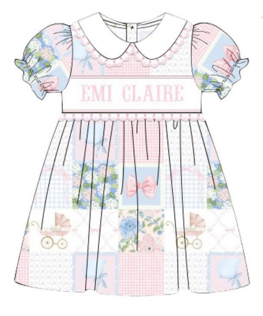 PO SPRING GM PATCHWORK SMOCKED DRESS - (CUSTOMIZABLE, UP TO 14 LETTERS - INCLUDING SPACES) ETA END OF JANUARY TO EMI CLAIRE SMOCK CO.
