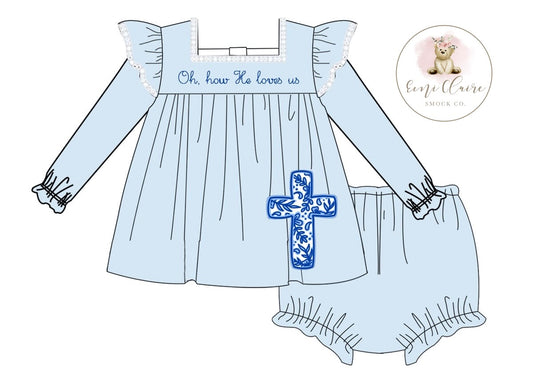 PO LONG SLEEVES OH, HOW HE LOVES US BLOOMER SET (NON-CUSTOMIZABLE, PLEASE LEAVE BOX BLANK) ETA DECEMBER TO ECSC