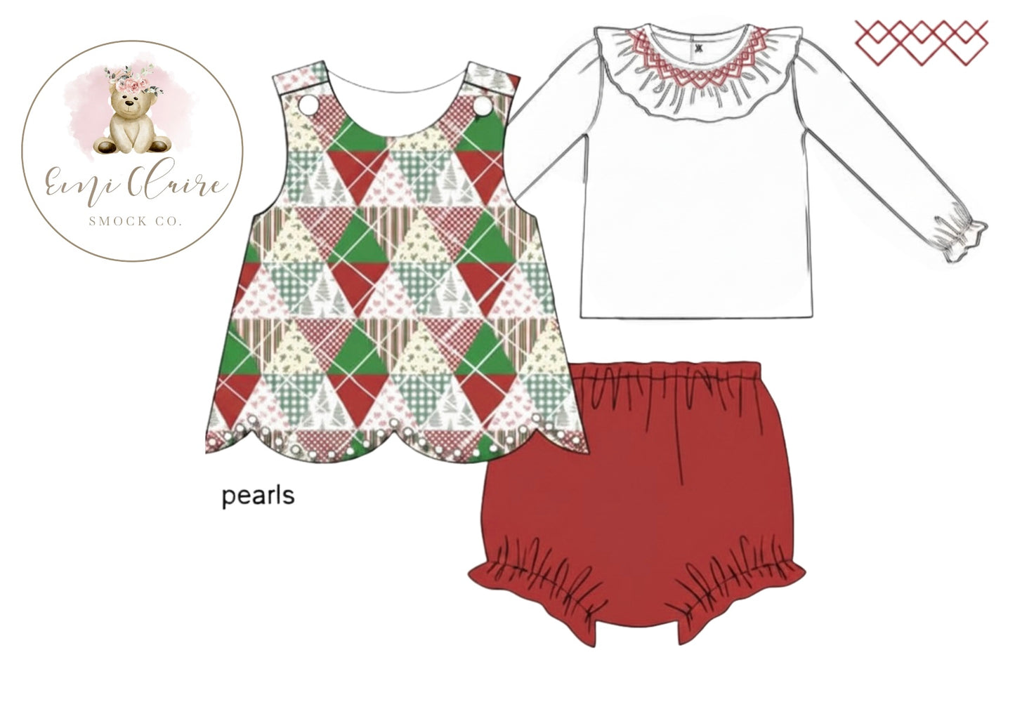 PO QUILTED EMI CLAIRE’S CHRISTMAS PATCHWORK BLOOMER SET - (NOT CUSTOMIZABLE, PLEASE LEAVE BOX BLANK) ETA NOVEMBER TO ECSC