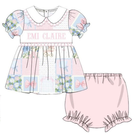 PO SPRING GM PATCHWORK SMOCKED BLOOMER SET - (CUSTOMIZABLE, UP TO 14 LETTERS - INCLUDING SPACES) ETA END OF JANUARY TO EMI CLAIRE SMOCK CO.