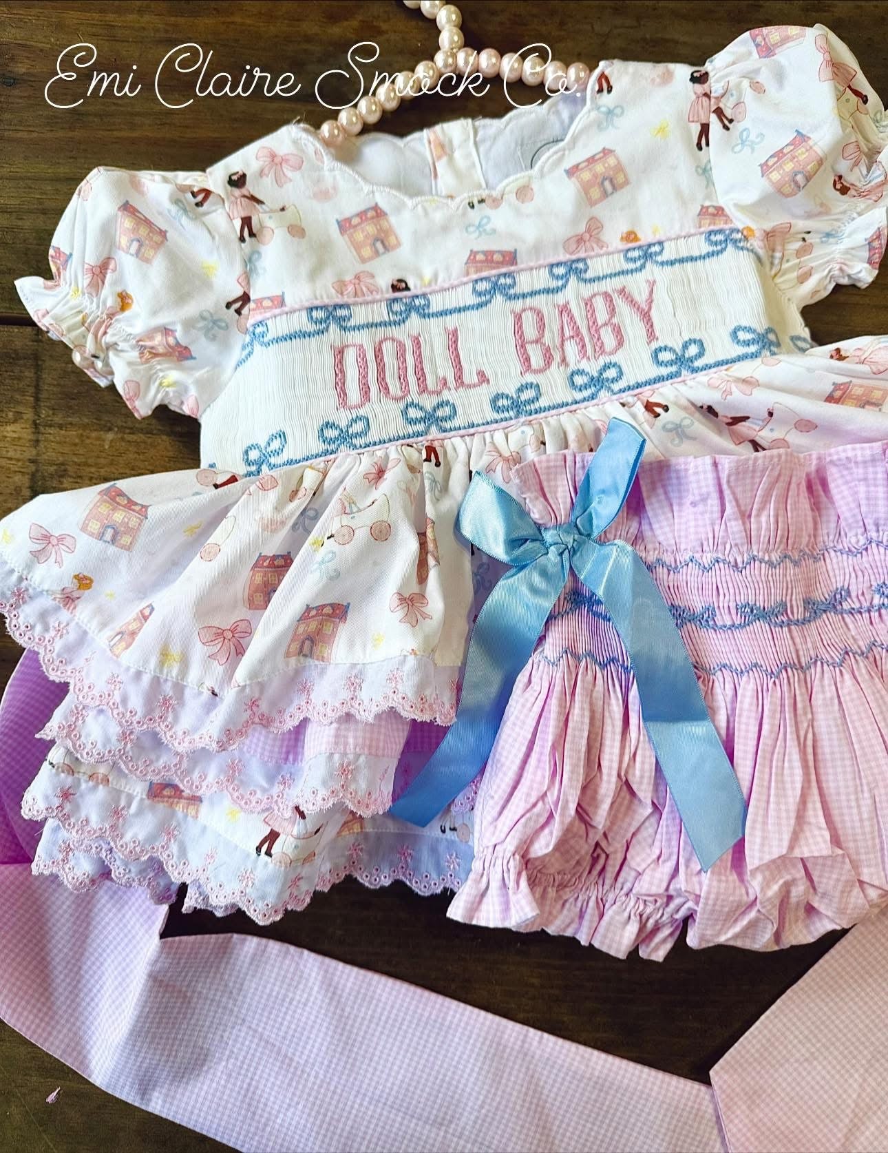 RTS “DOLLY BABY” BUGGY BABY BLOOMER SET WITH SCALLOPED NECK LINE (NON-CUSTOMIZABLE, PLEASE LEAVE BOX BLANK) SHIPS IN 5 BUSINESS DAYS