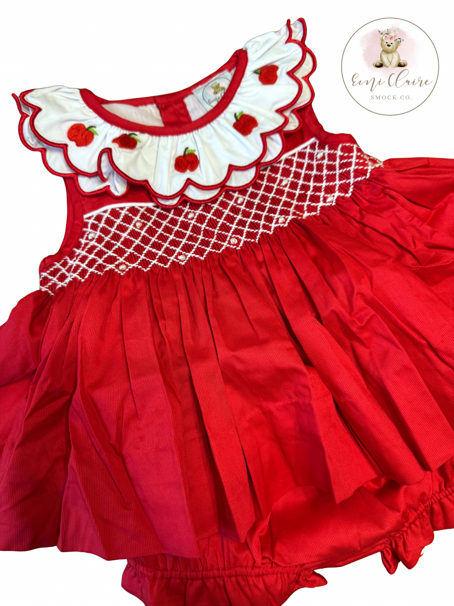 RTS B2S PEARLS AND HAND EMBROIDERED APPLES BLOOMER SET NON-CUSTOMIZABLE, (PLEASE LEAVE BOX BLANK) SHIPS IN 5 BUSINESS DAYS