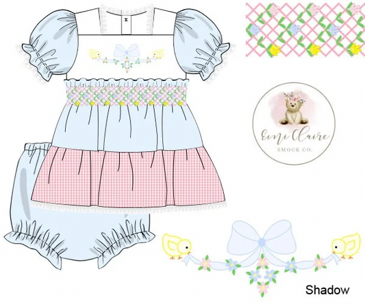 PO SHADOW EMBROIDERY SPRING DUCKS AND BOW WITH SMOCKED MIDLINE BLOOMER SET - (NOT CUSTOMIZABLE, PLEASE LEAVE BOX BLANK) ETA IS MARCH TO EMI CLAIRE SMOCK CO.