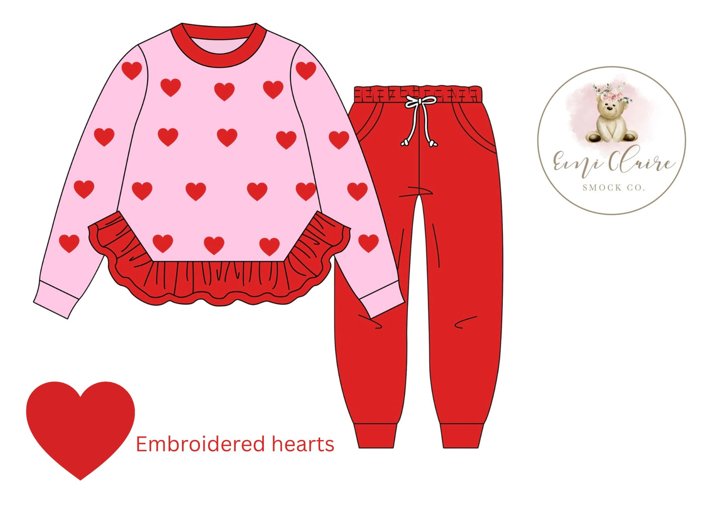 PO SWEETHEART STITCH - EMBROIDERED HEARTS PANT SET (NON-CUSTOMIZABLE, PLEASE LEAVE BOX BLANK) ETA END OF DECEMBER TO ECSC