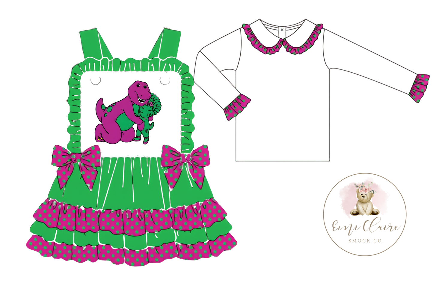 PO PURPLE AND GREEN DINO FRIENDS DRESS - INCLUDES UNDERSHIRT (NON-CUSTOMIZABLE, PLEASE LEAVE BOX BLANK) ETA DECEMBER TO ECSC