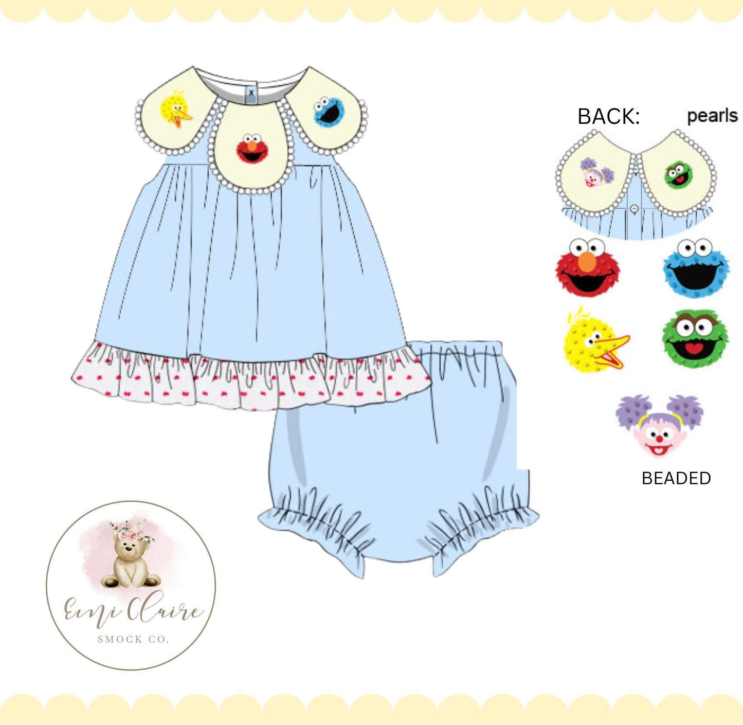 RTS BEADED AND HAND EMBROIDERED SUNNY DAYS BLOOMER SET(NON-CUSTOMIZABLE, PLEASE LEAVE BOX BLANK) SHIPS IN 5 BUSINESS DAYS