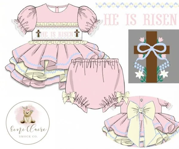 PO SMOCKED TWIRLY HE IS RISEN BLOOMER SET - (NOT CUSTOMIZABLE, PLEASE LEAVE BOX BLANK) ETA IS MARCH TO EMI CLAIRE SMOCK CO.