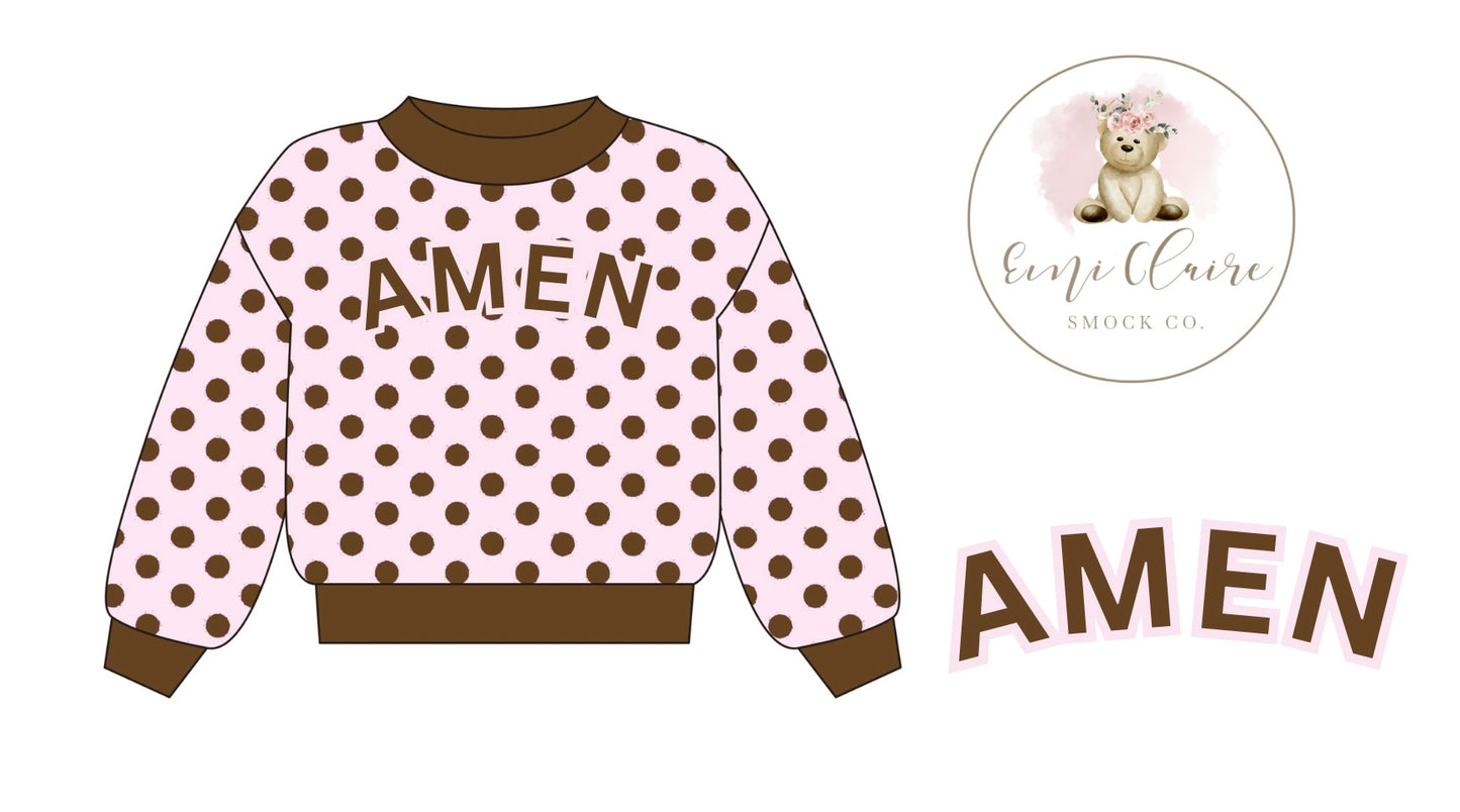 PO BROWN AND PINK POLKA DOT “AMEN” PULLOVER - KIDS (NON-CUSTOMIZABLE, PLEASE LEAVE BOX BLANK) ETA END OF NOVEMBER TO ECSCN