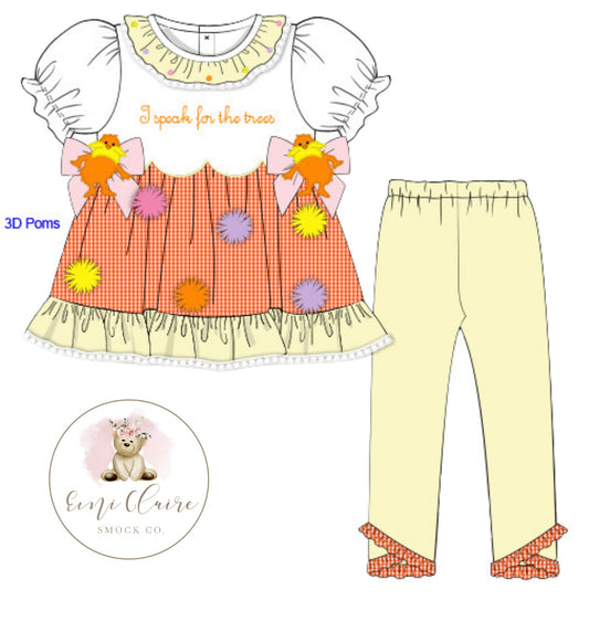 PO I SPEAK FOR THE TREES PANT SET - (NOT CUSTOMIZABLE, PLEASE LEAVE BOX BLANK) ETA END OF JANUARY TO EMI CLAIRE SMOCK CO.