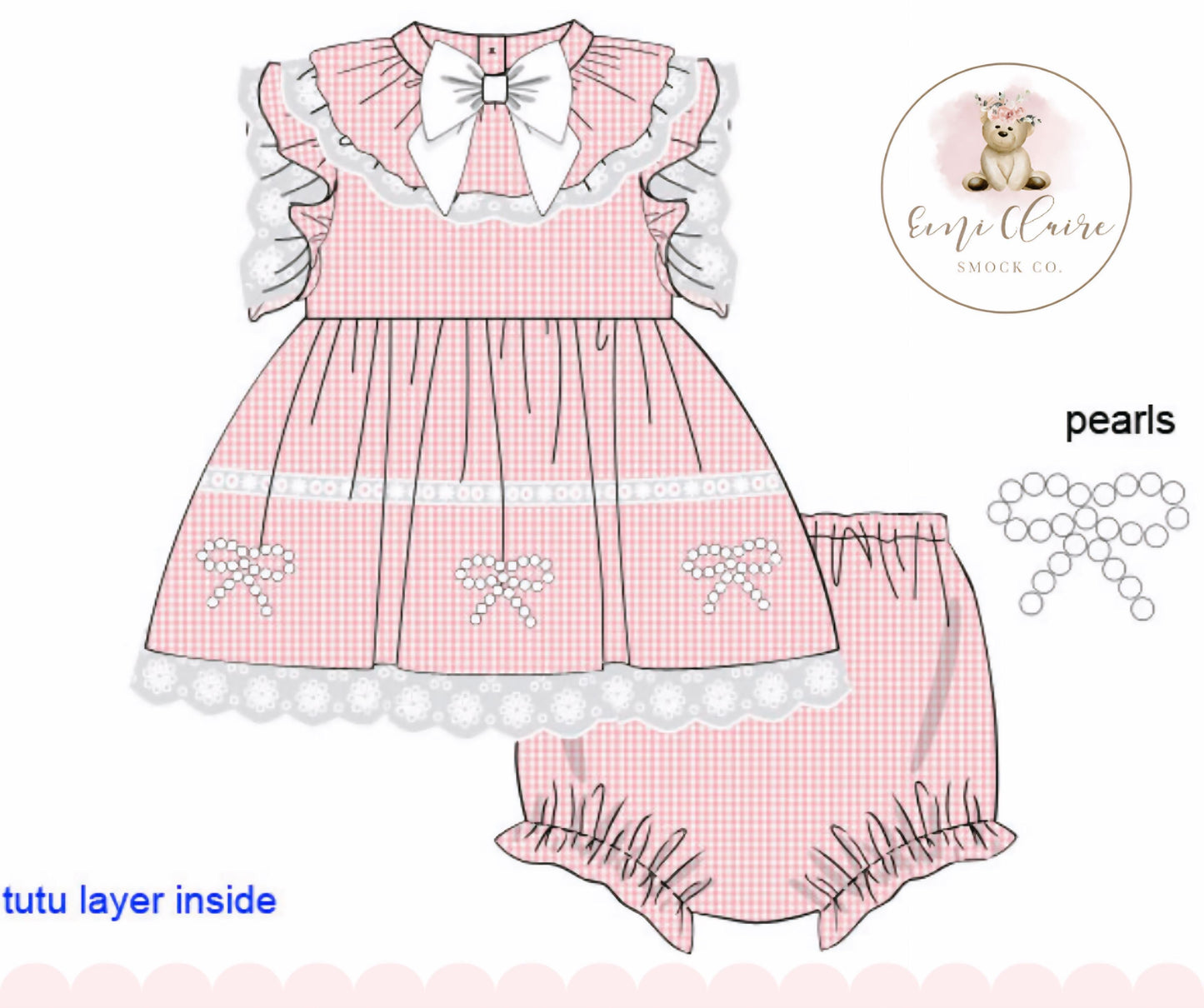 RTS PINK GINGHAM AND PEARL BOW TULLE BLOOMER SET (3 layers of tulle) (NON-CUSTOMIZABLE, PLEASE LEAVE BOX BLANK) SHIPS IN 5 BUSINESS DAYS