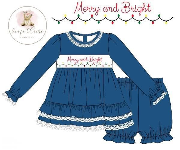 PO CURSIVE SMOCKED MERRY AND BRIGHT SHORT SET  - (NON-CUSTOMIZABLE, PLEASE LEAVE BOX BLANK) ETA NOVEMBER TO ECSC