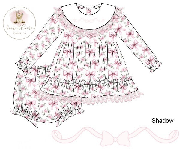 RTS COQUETTE BOW CHIFFON BLOOMER SET NON-CUSTOMIZABLE, (PLEASE LEAVE BOX BLANK) SHIPS IN 5 BUSINESS DAYS