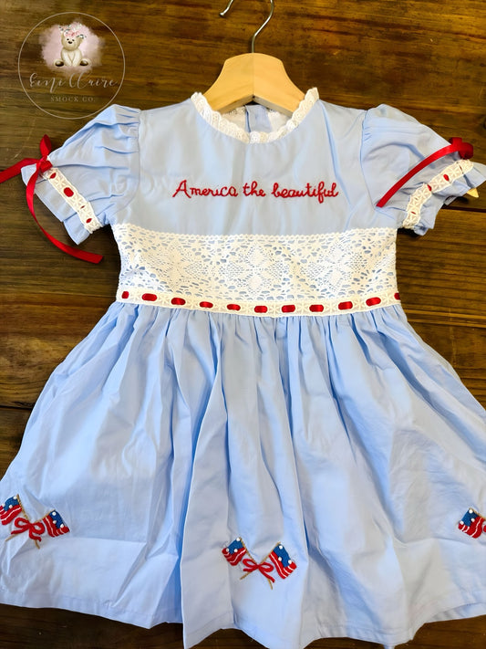 RTS HAND EMBROIDERED AMERICA THE BEAUTIFUL DRESS (NON-CUSTOMIZABLE, PLEASE LEAVE BOX BLANK)